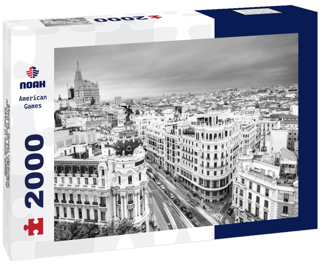 Noah Jigsaw Puzzle Madrid, Spain cityscape above Gran Via shopping street in black white 2000 pieces