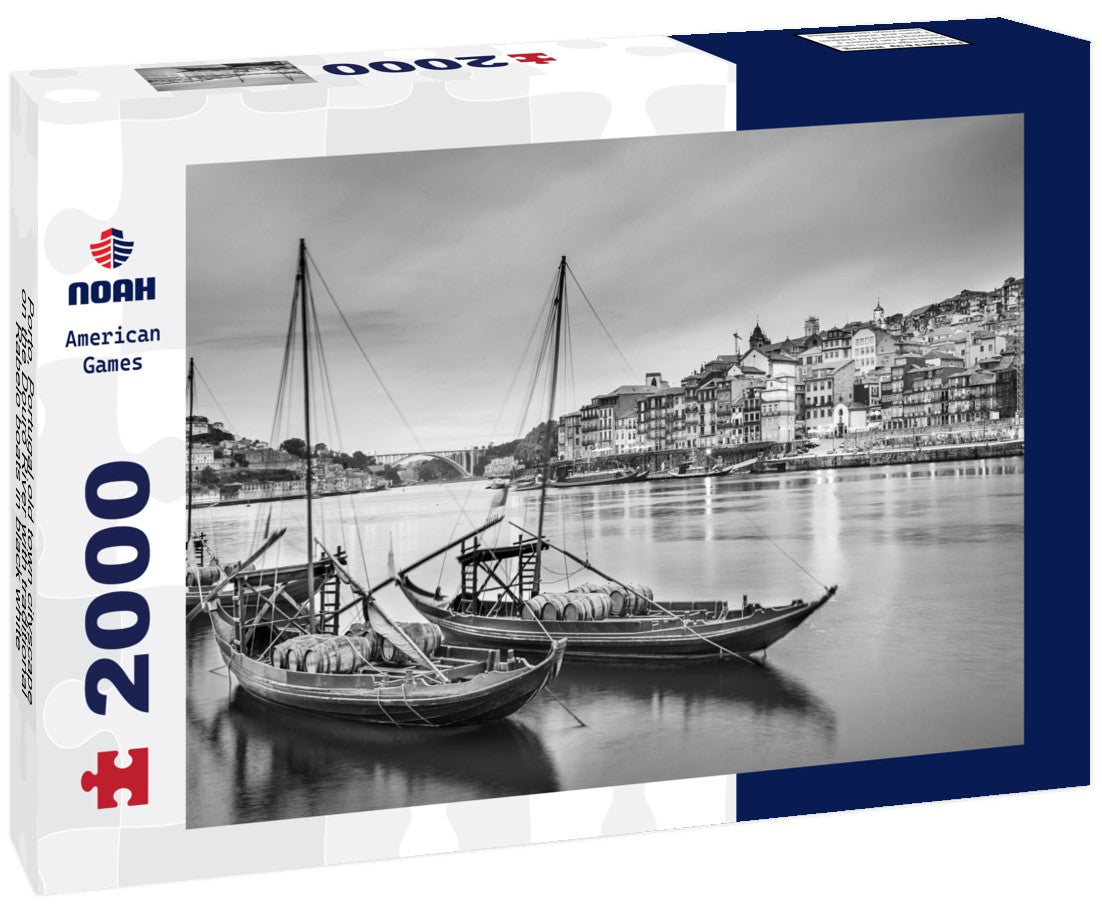 Noah Jigsaw Puzzle Porto, Portugal old town cityscape on the Douro River with traditional Rabelo boats in black white 2000 pieces