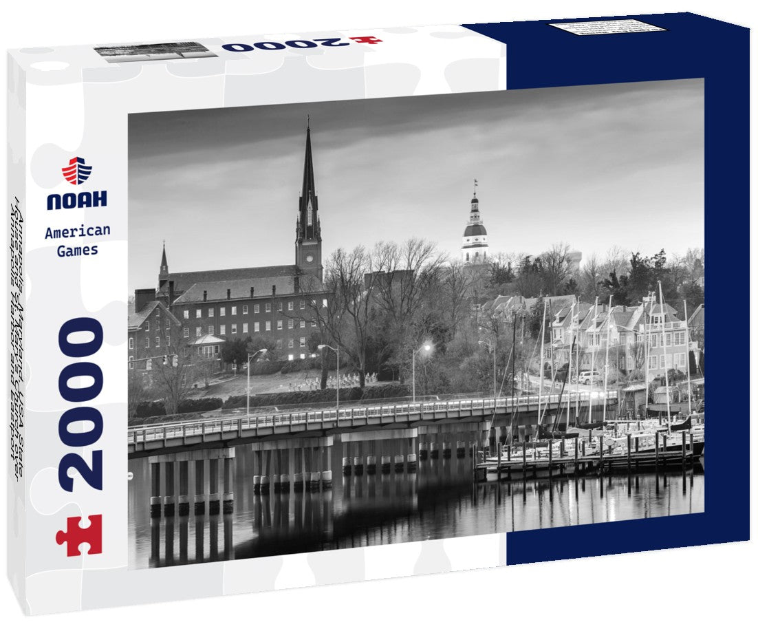 Noah Jigsaw Puzzle Annapolis, Maryland, USA State House and St. Mary's Church over Annapolis Harbor and Eastport Bridge in black white 2000 pieces