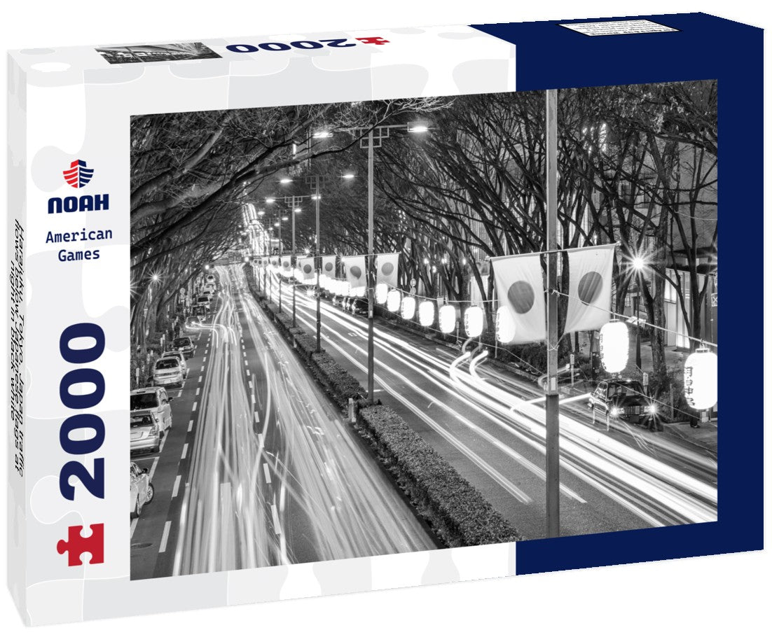 Noah Jigsaw Puzzle Harajuku, Tokyo, Japan traffic flows below Japanese flags at night in black white 2000 pieces