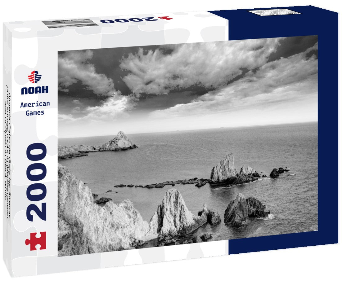 Noah Jigsaw Puzzle Almeria Cabo de Gata las Sirenas point sunset rocks in Mediterranean sea of Spain in black white 2000 pieces