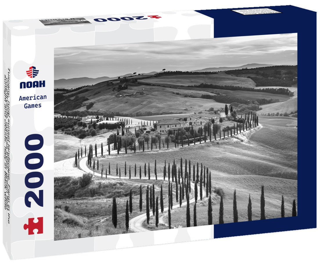 Noah Jigsaw Puzzle Tuscany, rural sunset landscape. Farm in the countryside, cypress trees, green field, sunlight and clouds. Italy in black white 2000 pieces
