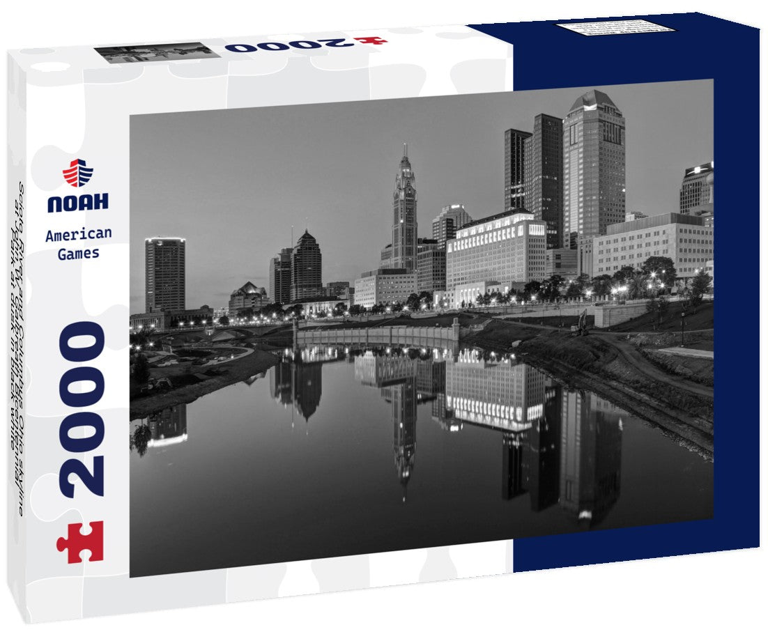 Noah Jigsaw Puzzle Scioto River and Columbus Ohio skyline at John W. Galbreath Bicentennial Park at dusk in black white 2000 pieces