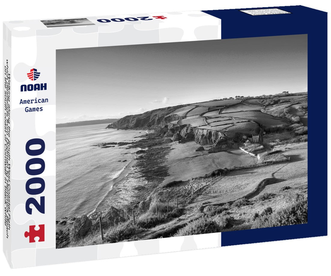 Walking along the South West Coastal Path, which descends from Dodman to Hemmick Beach on the south coast of Cornwall 2000pc PuzzleBlack and White