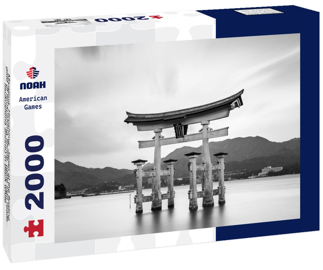 Noah Jigsaw Puzzle Miyajima, Hiroshima, Japan at the floating gate of Itsukushima Shrine. (gate sign reads Itsukushima Shrine) in black white 2000 pieces