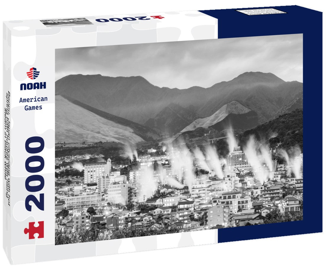 Noah Jigsaw Puzzle Beppu, Japan cityscape with hot spring bath houses with rising steam in black white 2000 pieces