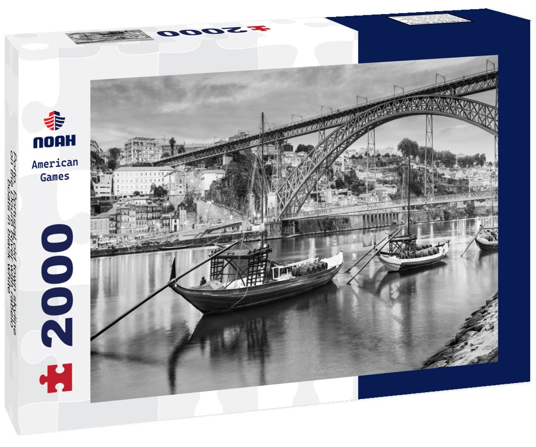 Noah Jigsaw Puzzle Porto, Portugal old town skyline on the Douro River with rabelo boats in black white 2000 pieces