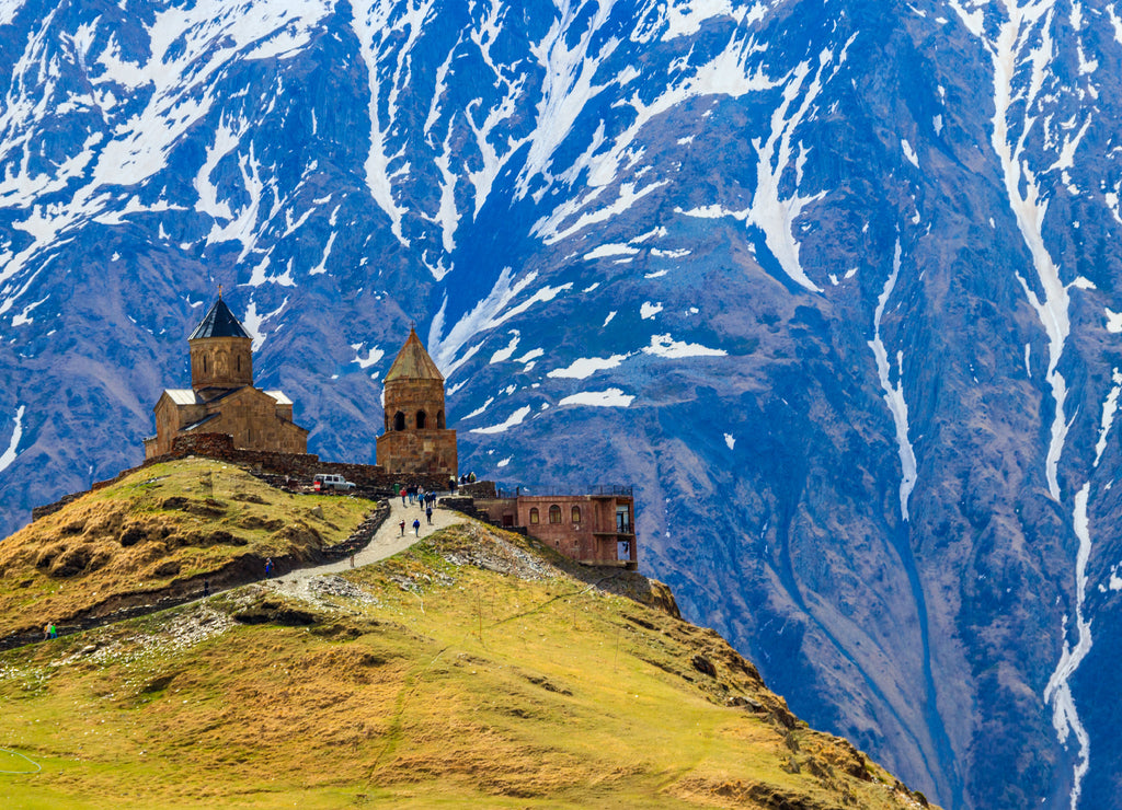 Gergeti Trinity Church (Tsminda Sameba), Holy Trinity Church near the village of Gergeti in Caucasian mountains, Georgia