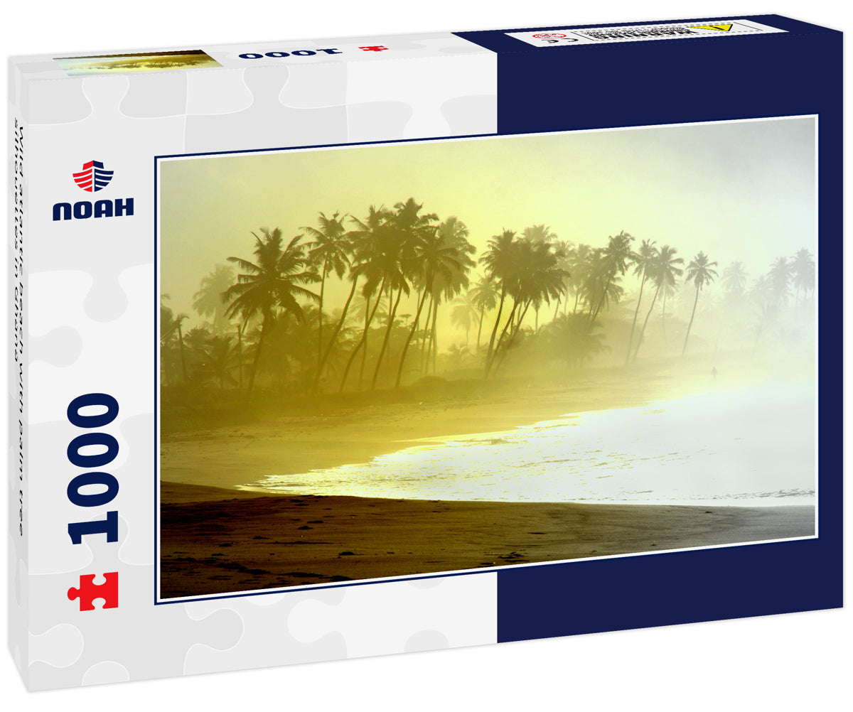 Wild atlantic beach with palm tree silhouettes in Ghana