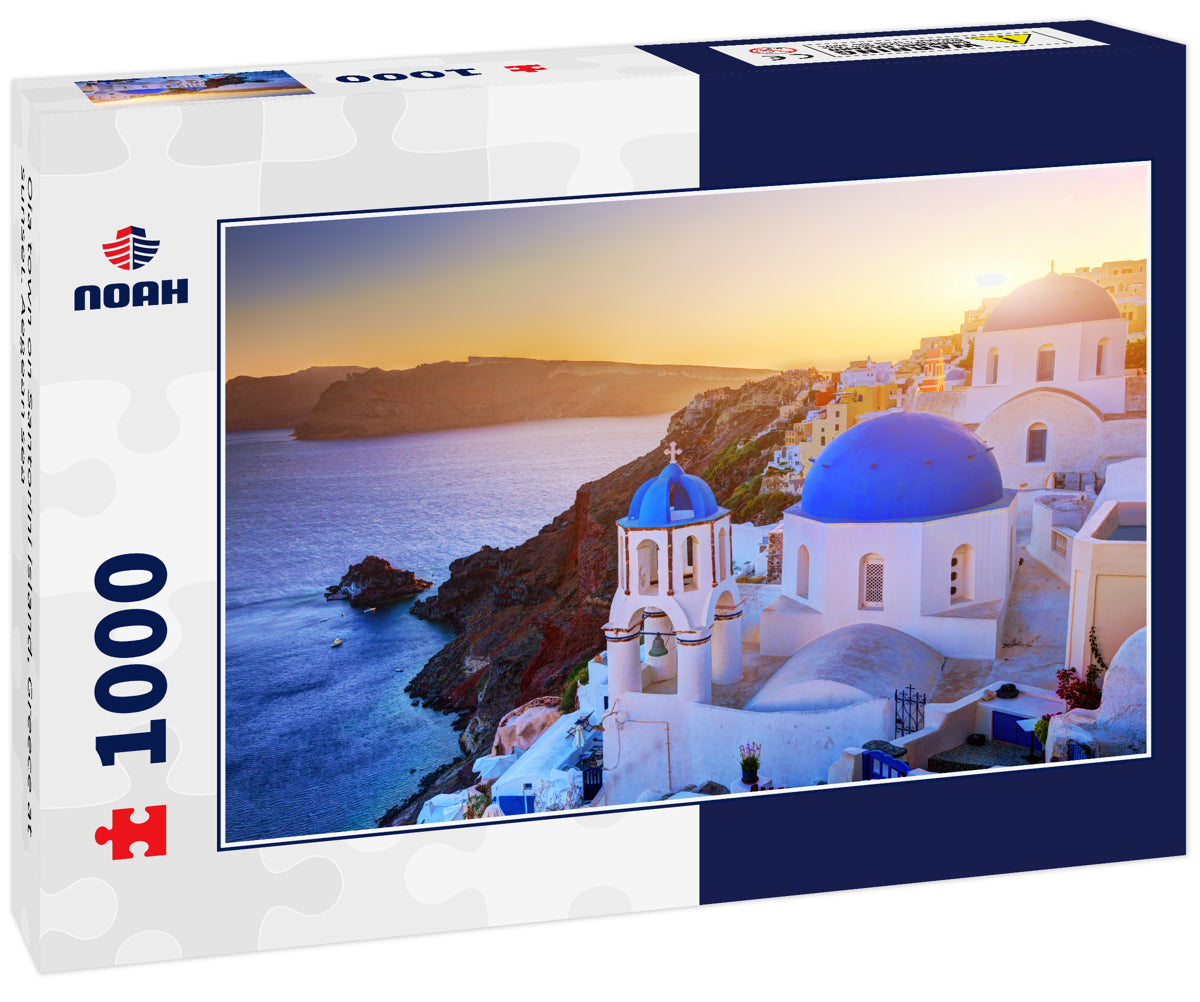 Oia town on Santorini island, Greece at sunset. Aegean sea