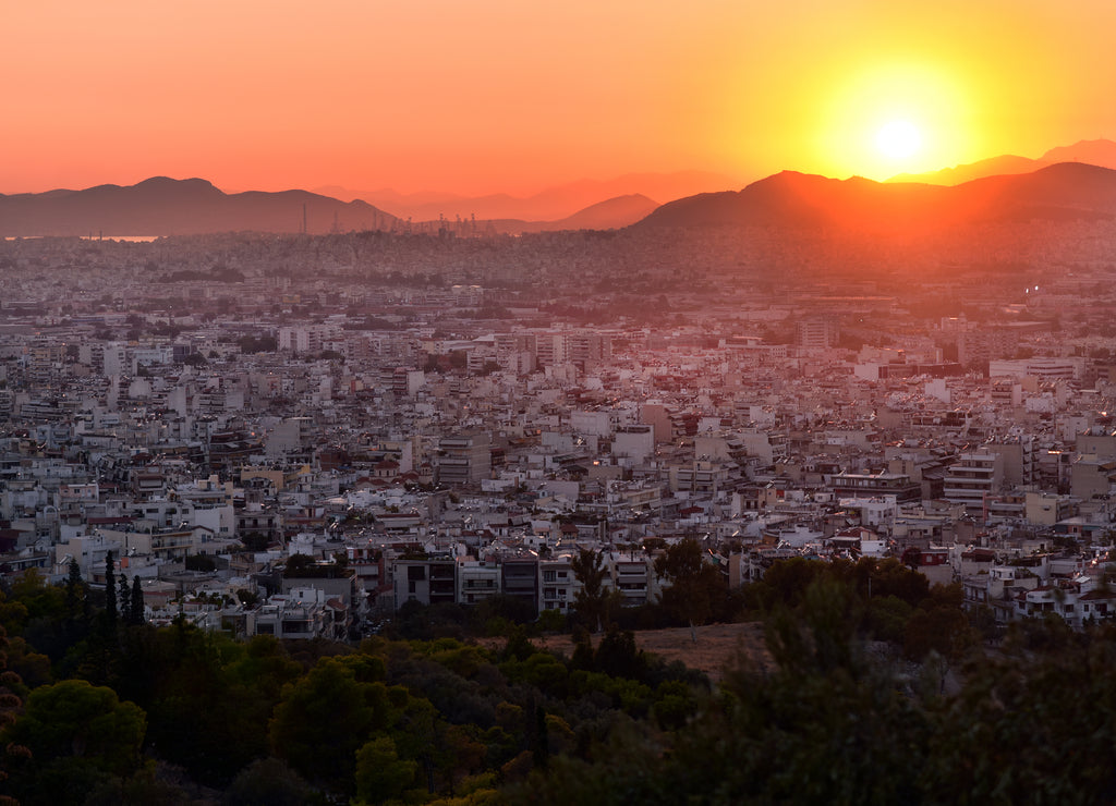 Panoramic view of Athens, Greece, right after sunset