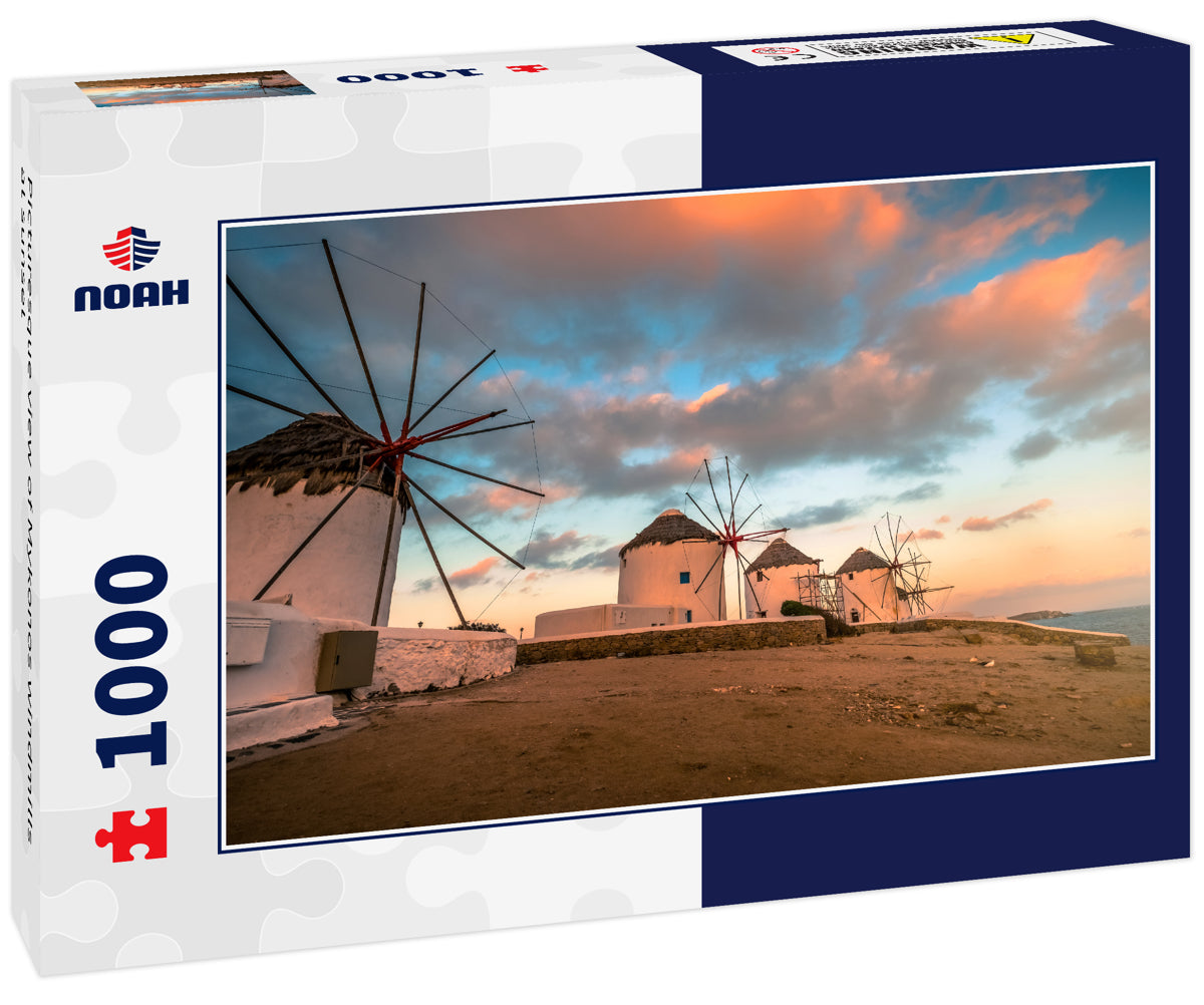 Picturesque view of Mykonos windmills at sunset