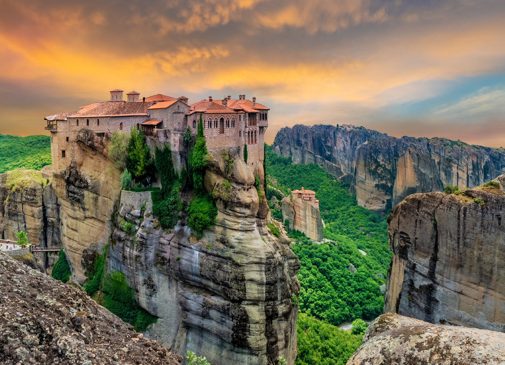 Scenic view of a religious monastery on the mountain in Meteora village of Greece