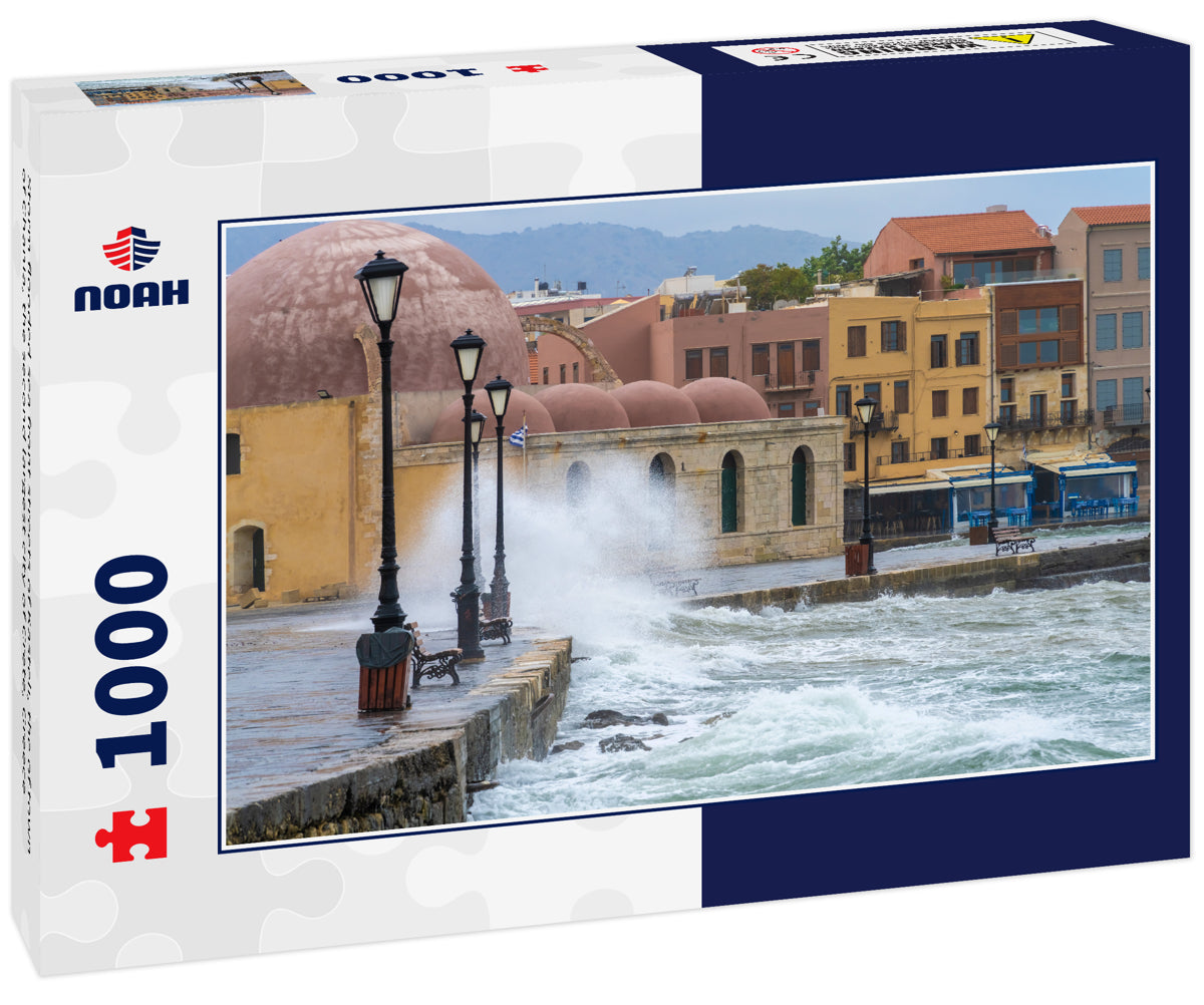 Storm flooded sea front streets of Kasteli, the of town of Chania, the second largest city of Crete, Greece