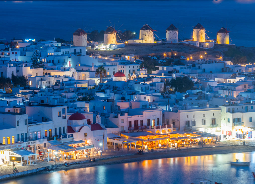 Sunset view over Mykonos in Greece