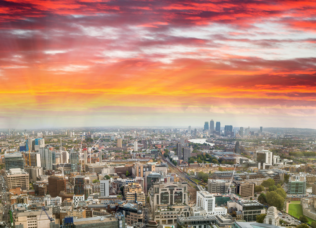 Sunset aerial panoramic view of London skyline, eastern side