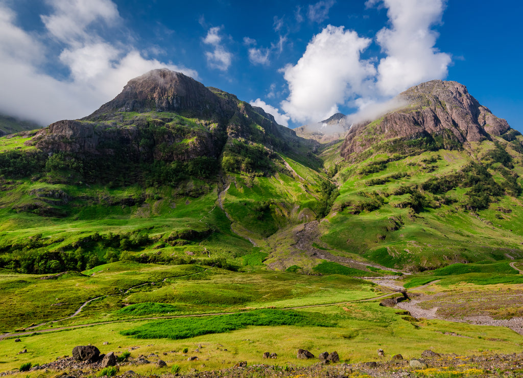 Mountains of Glencoe at sunrise in summer, Scotland