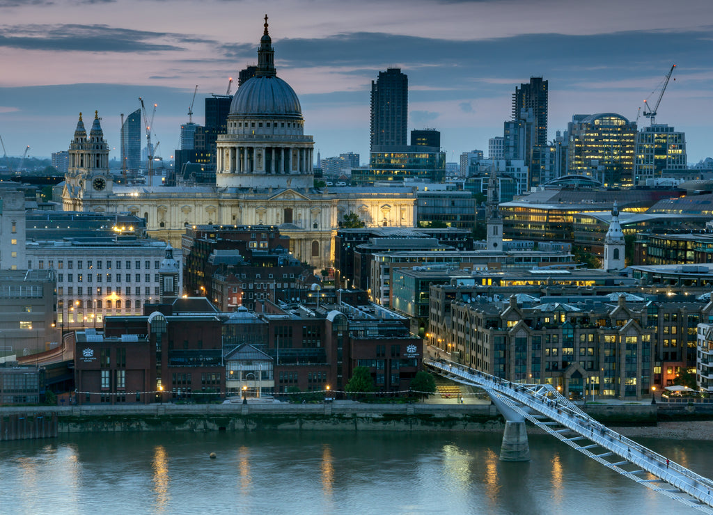Amazing Sunset panorama from Tate modern Gallery to city of London, England, Great Britain