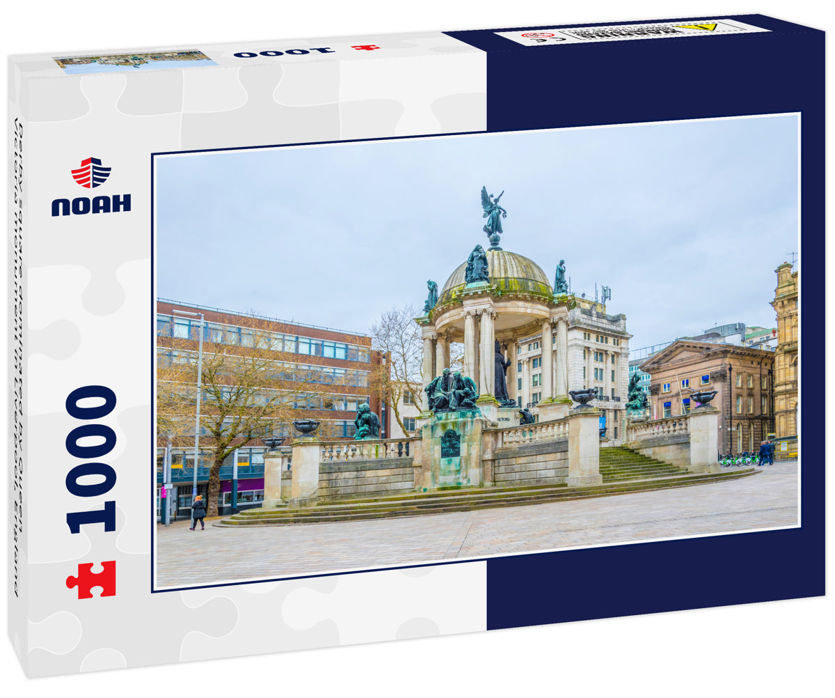 Derby square dominated by Queen Victoria monument in Liverpool, England