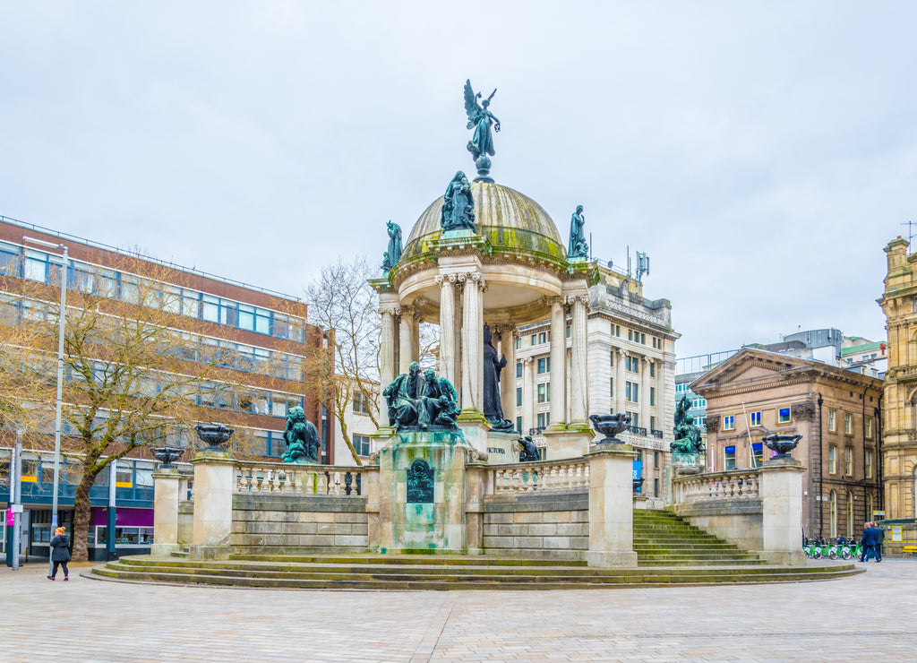 Derby square dominated by Queen Victoria monument in Liverpool, England