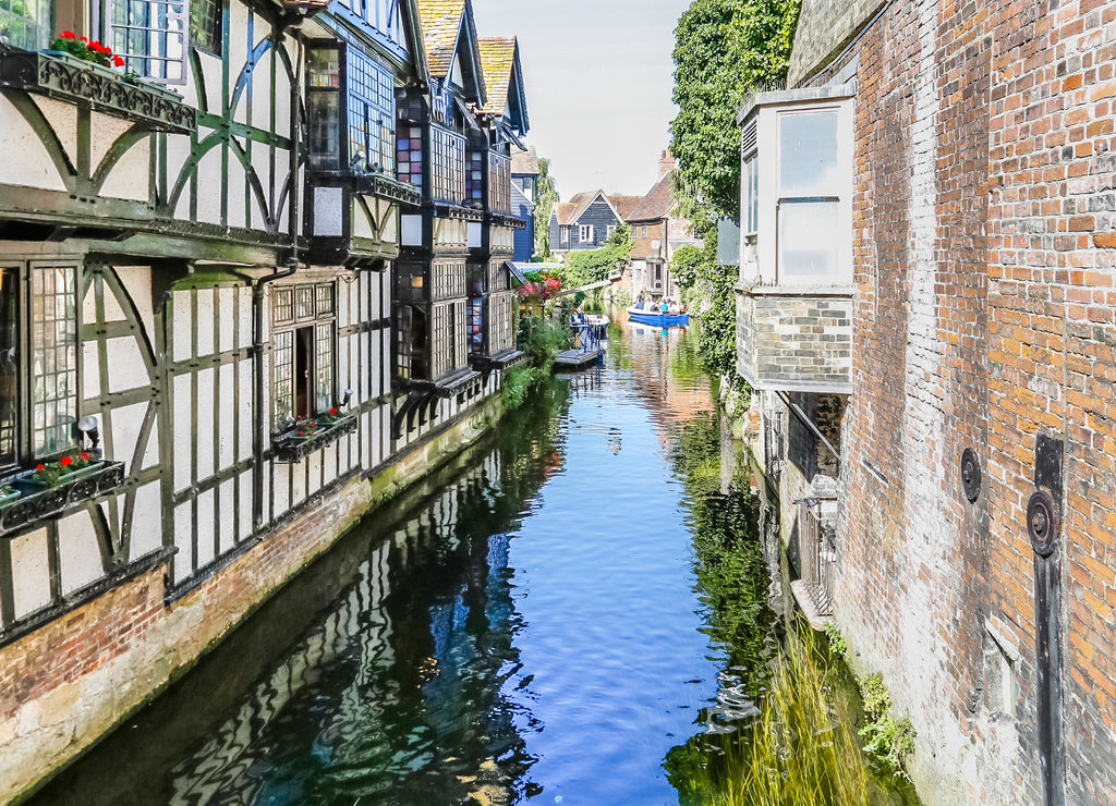 Historic center of Canterbury with half timbered houses and the river Great Stour, Kent, UK