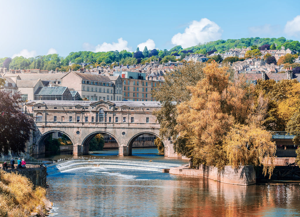 View of the Pulteney Bridge River Avon in Bath, England - Autumn colors