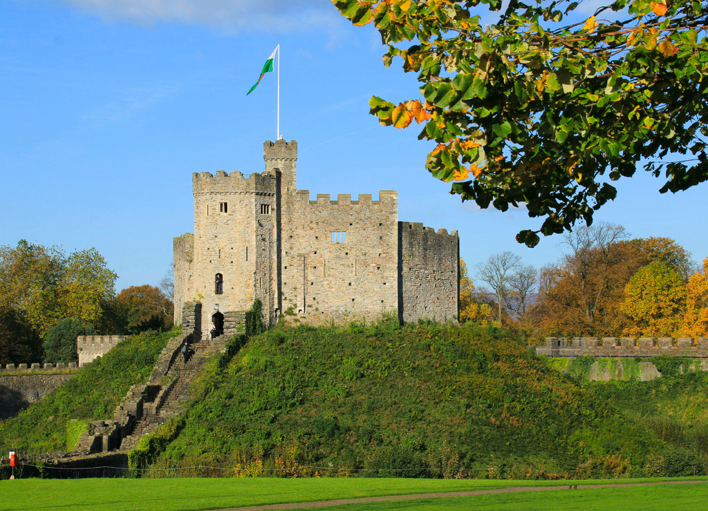 Cardiff Castle exterior in the center of Cardiff in the autumn sunshine