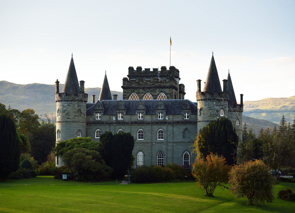 A view of the Inveraray castle on a sunny day. Inner Hebrides, Argyll and Bute, Scotland, UK