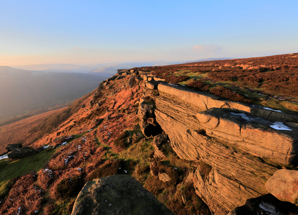 Spring landscape over the Gritstone rock formations, Stanage Edge, Derbyshire County; Peak District National Park; England; UK