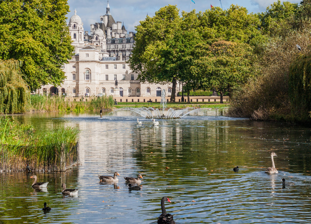 St. James's Park Lake with Horse Guard Parade building in background, London, United Kingdom