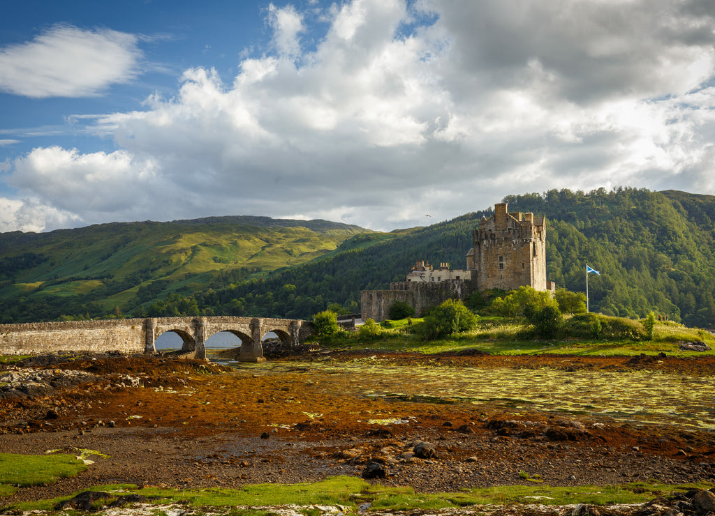 Eilean Donan Castle from 13th century in the centre of three lochs - Alsh, Duich, Long, in Dornie, Kyle of Lochalsh, Scotland, UK