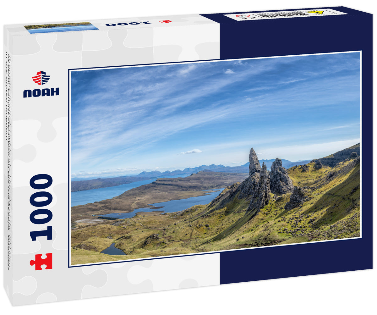 Dramatic Scottish Highlands, blue sky at the Old Man of Storr, tourist attraction on the Isle of Skye. Hebrides in the United Kingdom