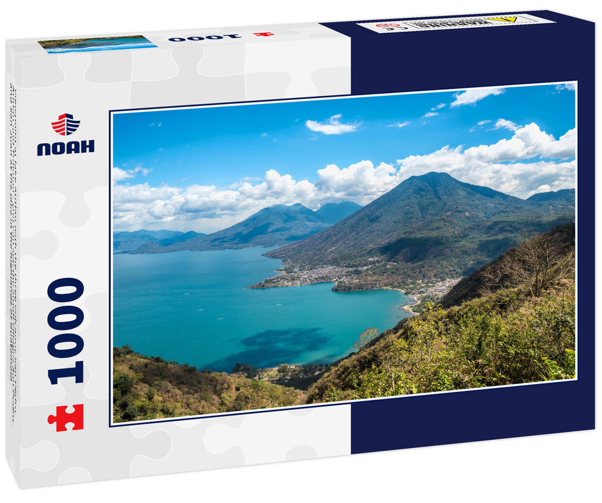 Viewpoint at lake Atitlan with the three volcanos San Pedro, Atitlan and Toliman - you can see the small villages San Pedro and San Juan at the lake in the highlands of Guatemala