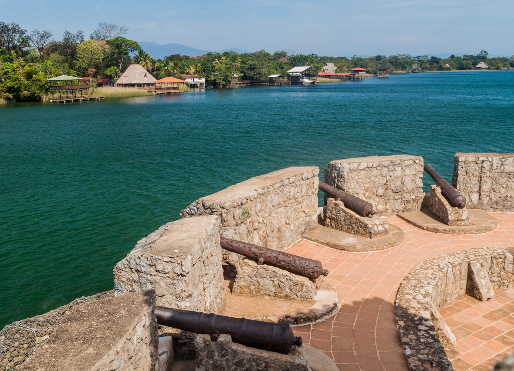 Cannons at the Castillo de San Felipe, Spanish colonial fort at the entrance to Lake Izabal in eastern Guatemala