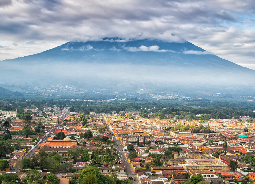 View from Cerro de la Cruz in Antigua, Guatemala, Central America. Antigua is former capital which was moved to Guatemala City after earthquake