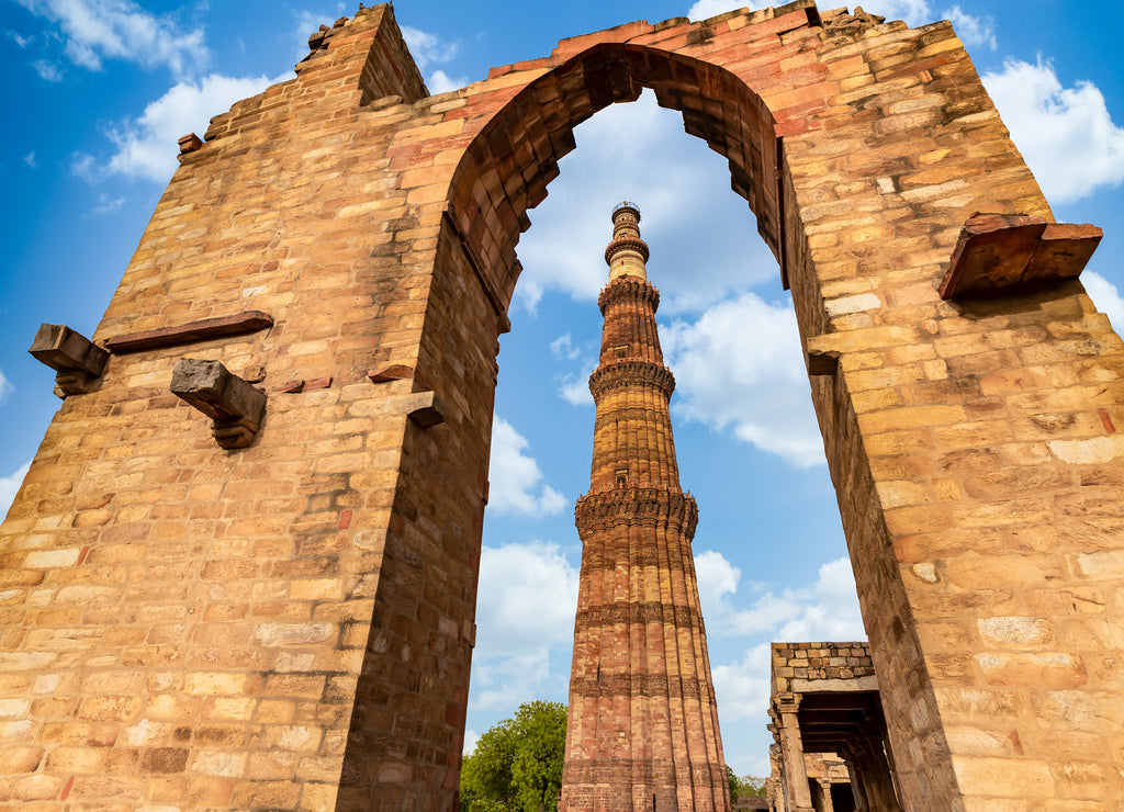 Qutub Minar New Delhi, India, The tallest minaret in India is a marble and red sandstone tower that represents the beginning of Muslim rule in the country, New Delh
