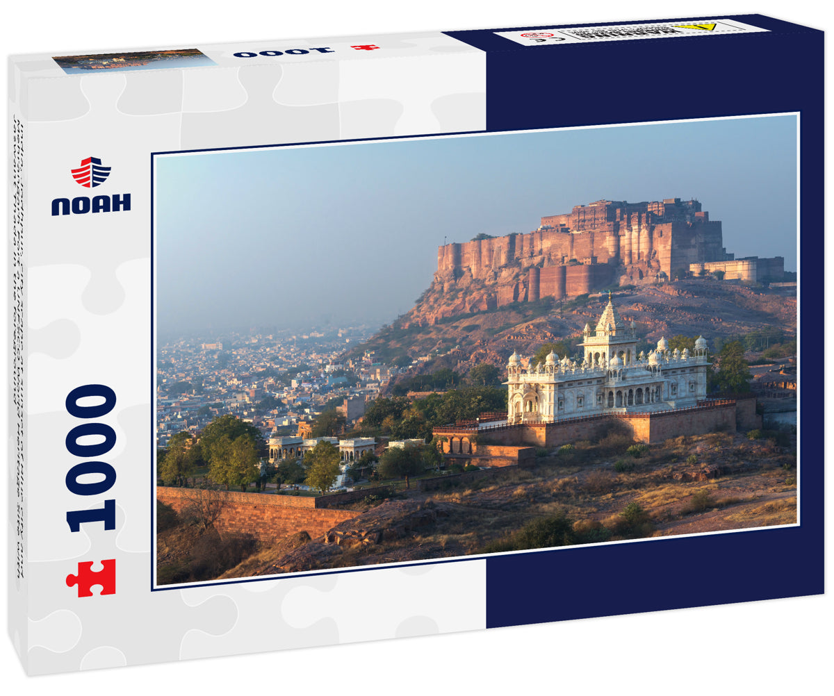 India, Jodhpur, city scape at sunset of Blue city and Mehrangarh Fort a UNESCO World Heritage Site with Jaswant Thada in the foreground