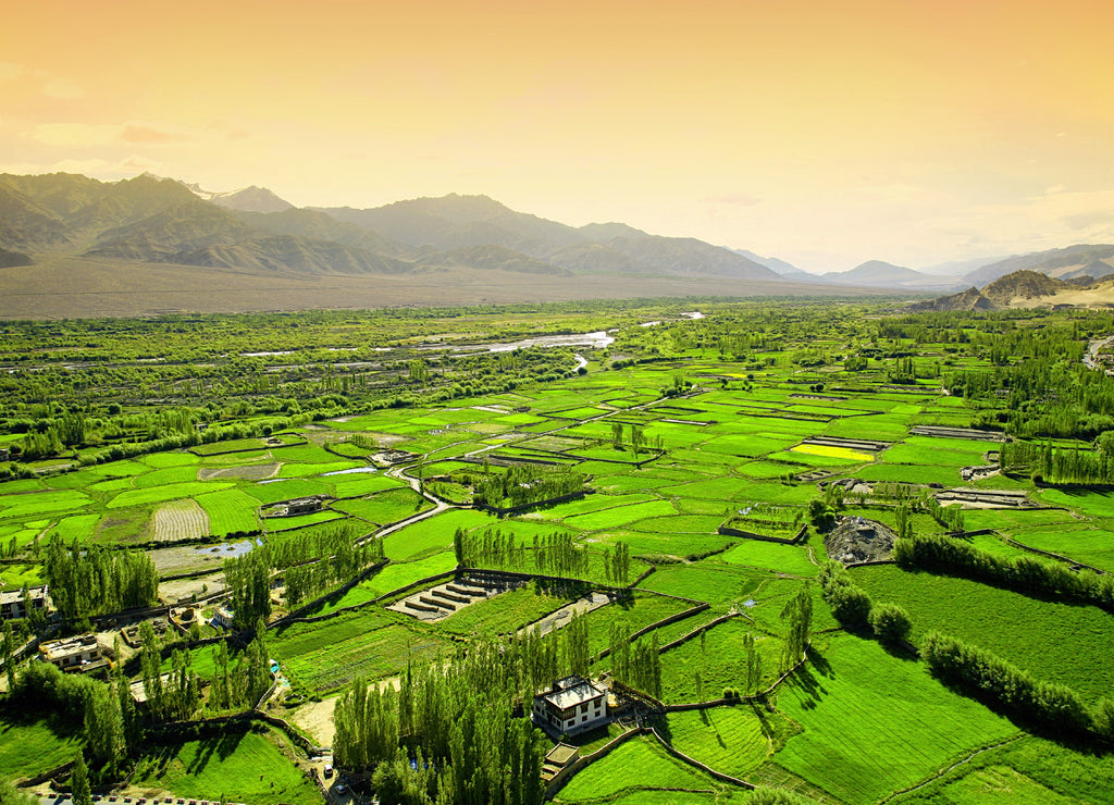 Aerial view from the Thiksey Monastery viewpoint on surrounding Himalaya mountains and villages in Ladakh. Kashmir, India