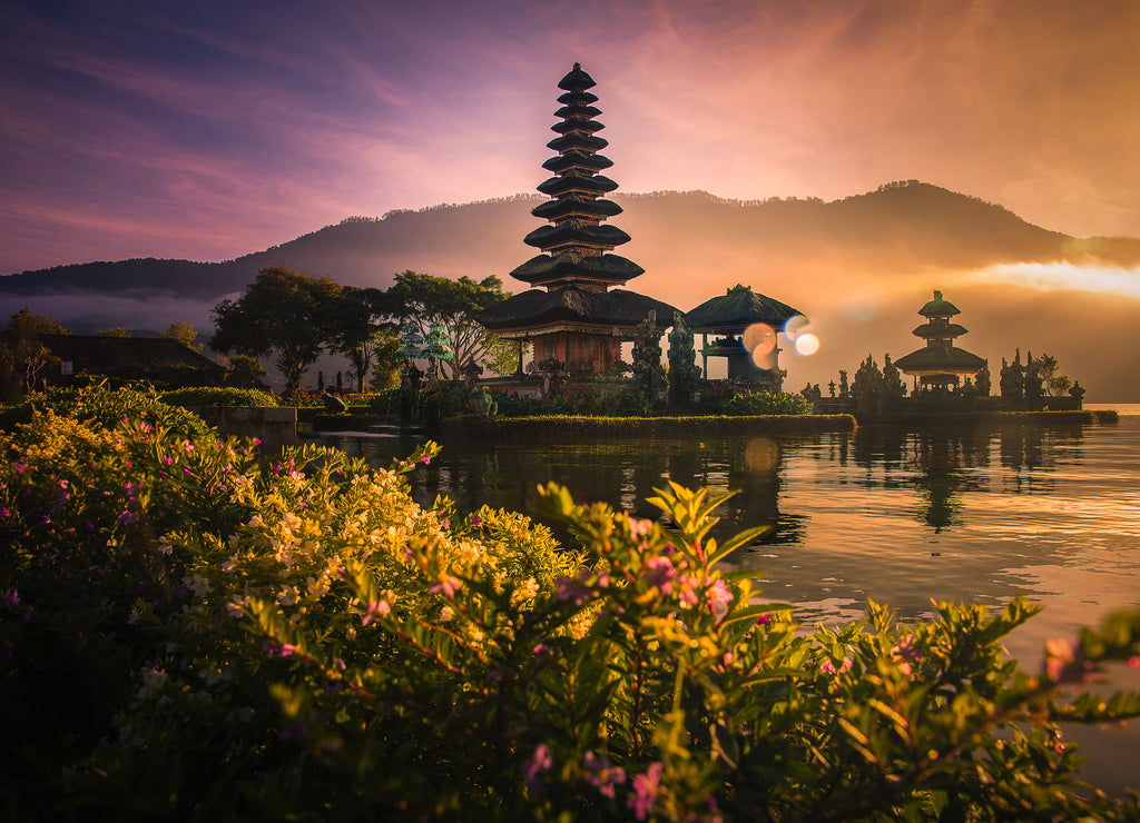 Pura Ulun Danu Bratan, Hindu temple on Bratan lake landscape at sunrise in Bali, Indonesia