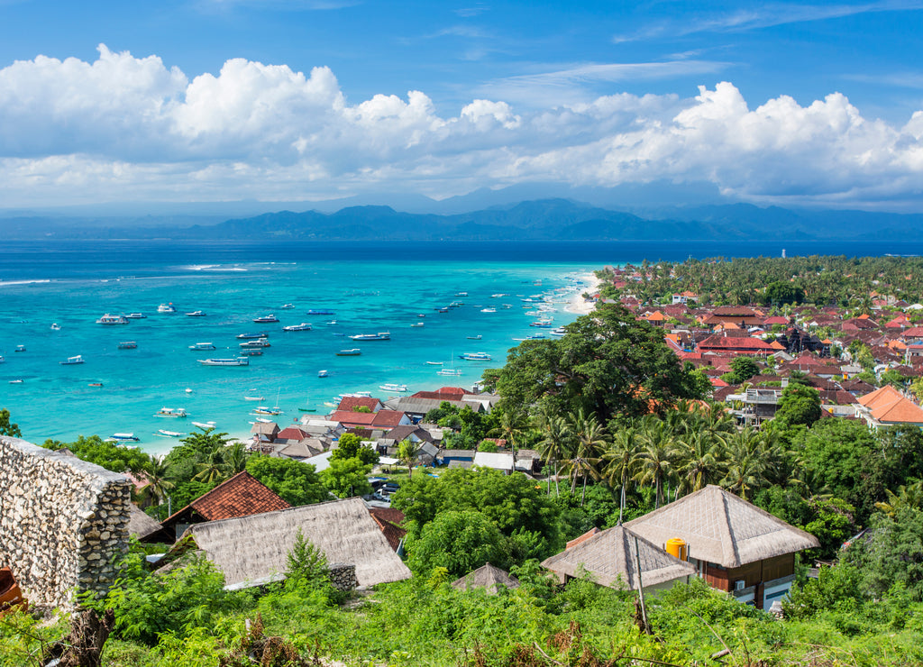 Main town of Nusa Lembongan Island, Bali, Indonesia, with boats awaiting to go to mainland Bali