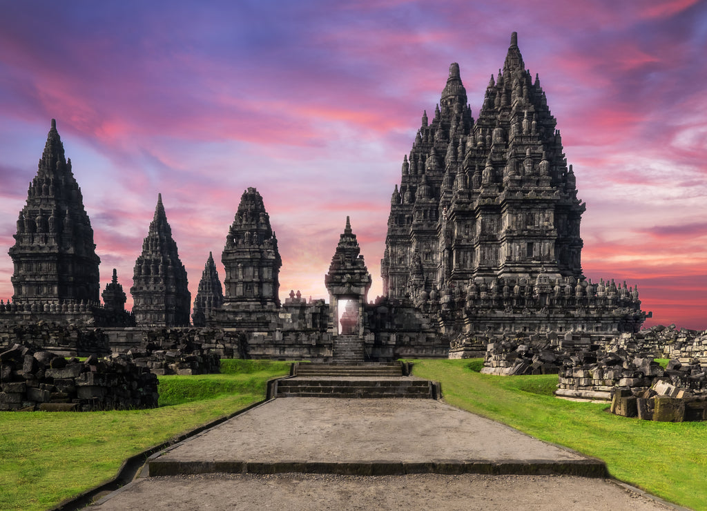 Amazing Prambanan Temple against sunrise sky. Indonesia