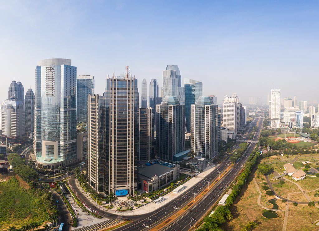 Modern skyscrapers in Jakarta south central business district along the Sudirman avenue in Indonesia capital city, a major financial center in Southeast Asia