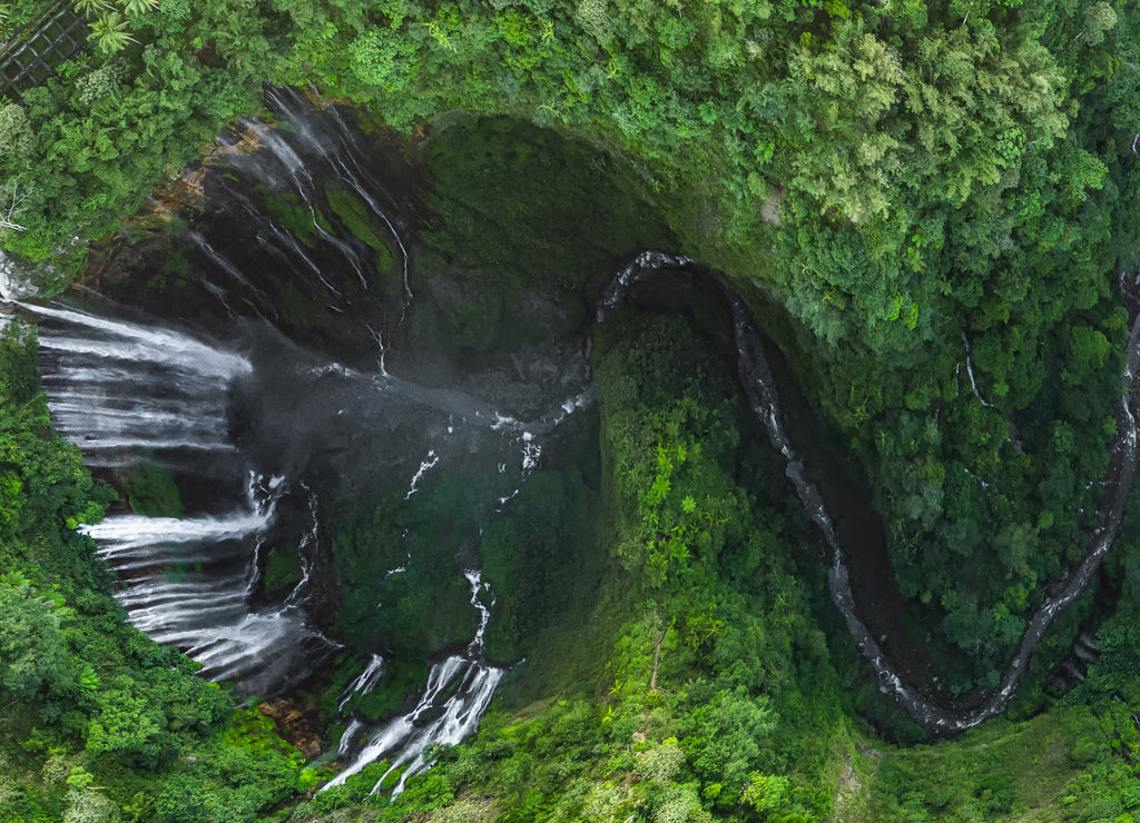 Aerial view of Tumpak Sewu waterfall in east java, Lumajang, Indonesia