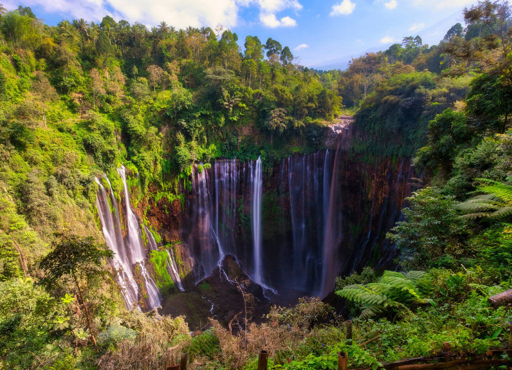 Aerial view of tropical rainforest Coban Sewu Waterfall in East Java Indonesia