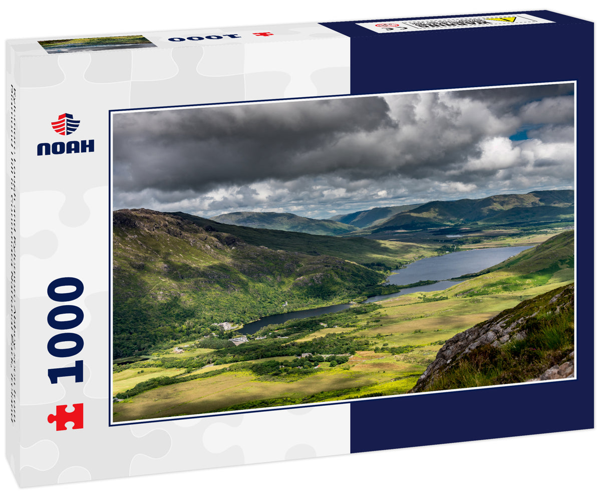 Kylemore Lough and Kylemore Abbey seen from Diamond Hill in Connmara National Park, Ireland