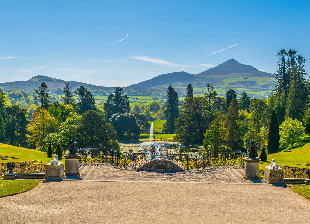View over Powerscourt gardens towards Sugarloaf mountain in Ireland