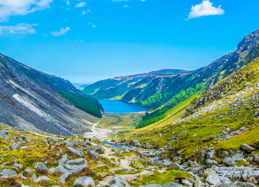 Aerial view of the upper and lower lake in Glendalough, Ireland