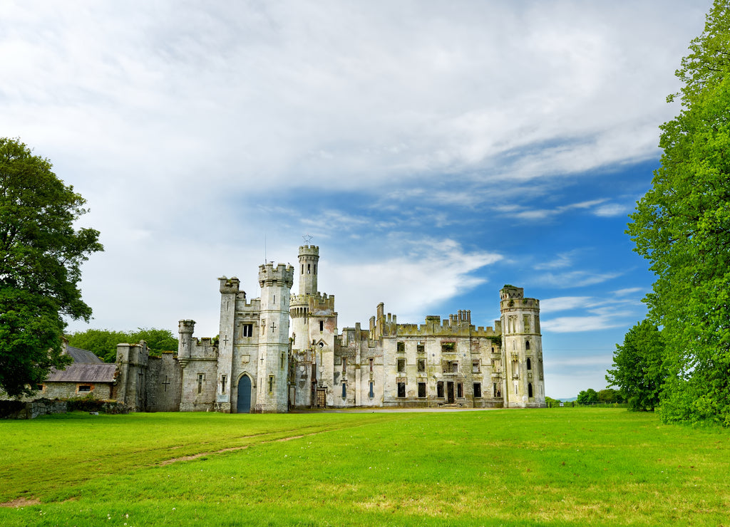 The towers and turrets of Ducketts Grove, a ruined 19th-century great house and former estate in Ireland