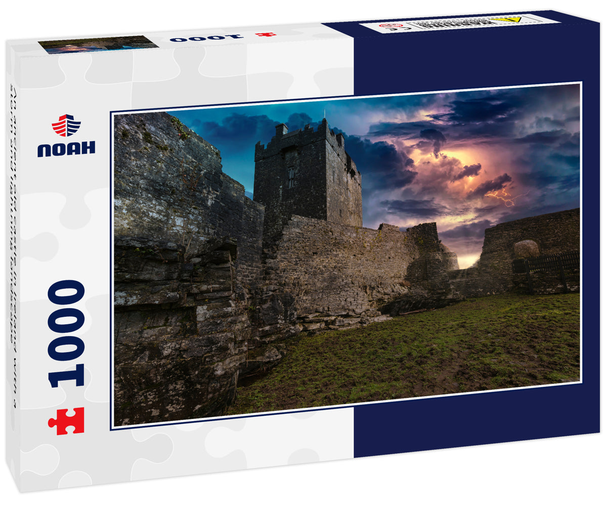 An ancient old castle in Ireland with a storm and lightning landscape