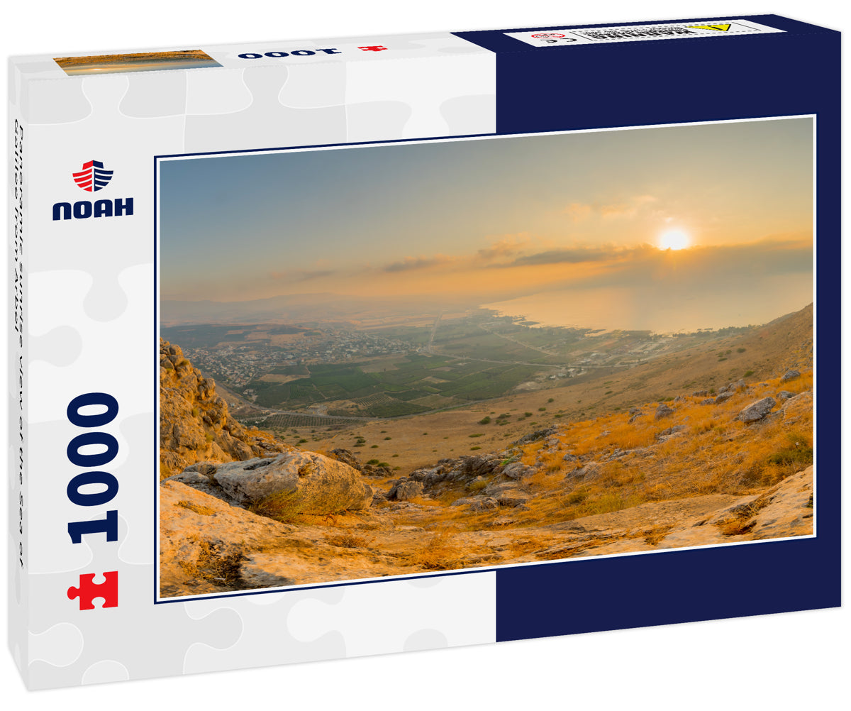Panoramic sunrise view of the Sea of Galilee from Arbel
